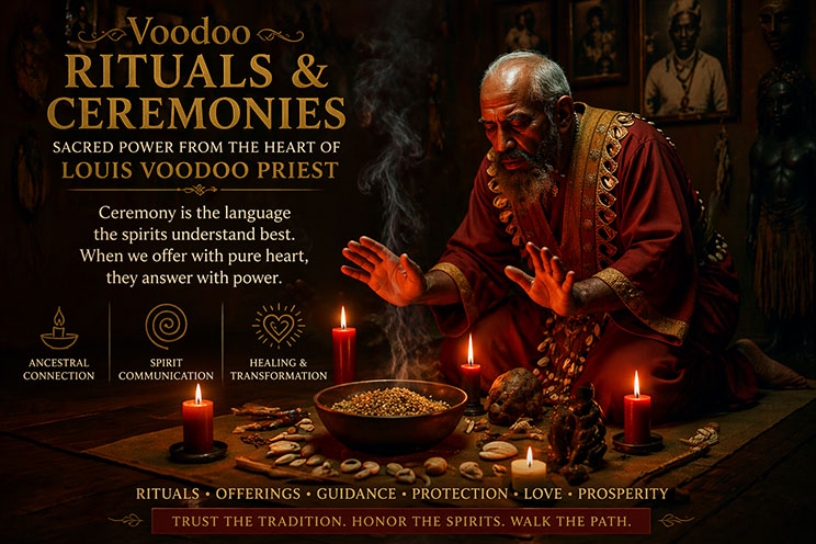 Louis Voodoo Priest performing ritual with candles and sacred items